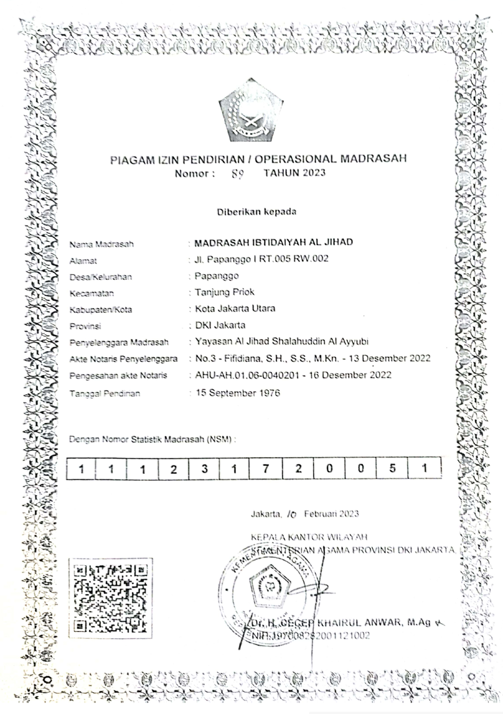 Izin Pendirian MI AL JIHAD